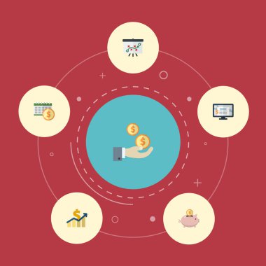 Düz simgeler sistemi, muhasebe kar, taktik ve diğer öğeleri vektör. Muhasebe düz simgeler simge kümesi de nesneleri kaydetme Net, beyaz tahta, içerir.