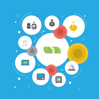 Düz simgeler nakit yığını, bilgisayar, ekonomi çuval ve diğer vektör öğeleri. Finans düz simgeler simge kümesi de Online, Adliye, tasarruf nesneleri içerir.