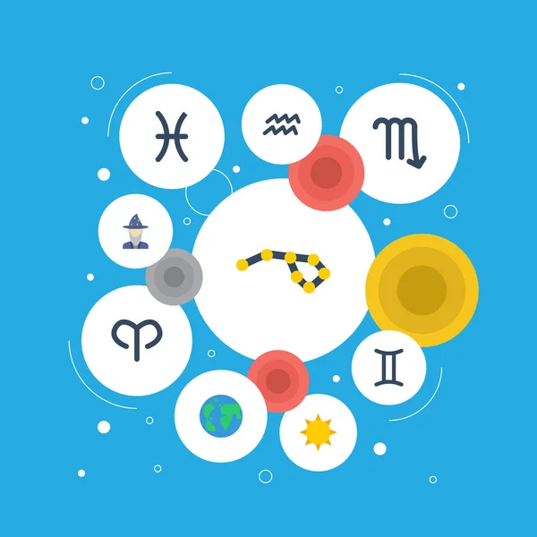 Flache Symbole Horoskop, Zwillinge, Solar- und andere Vektorelemente. Set von flachen Symbolen für Galaxien enthält auch Gemini, Arien, Astrologen-Objekte. — Stockvektor
