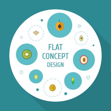 Düz simgeler egzotik tatlı, Mısır, sarımsak ve diğer vektör öğeleri. Ayrıca meyve, Lychee, Yeşiller nesneleri içeren küme meyve düz simgeleri simgeleri.