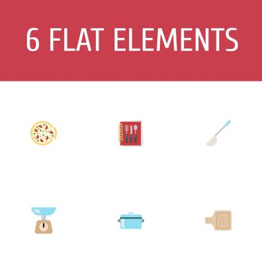 Düz simgeler Pepperoni, mutfak ölçümü, güveç ve diğer vektör öğeleri. Mutfak düz simgeler simge kümesi de Pizza, kitap, çorba nesneleri içerir.