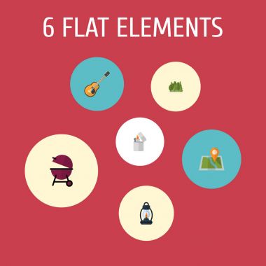 Düz simgeler sigara, Barbekü, konum ve diğer vektör öğeleri. Ayrıca ahşap, çakmak, Barbekü nesneleri içeren küme kampı düz simgeleri simgeleri.