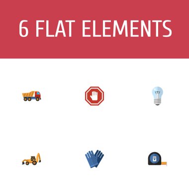 Düz simgeler dur işareti, rulo metre, Van ve diğer vektör öğeleri. İnşaat düz simgeler simge kümesi de Damper, eldiven, metre nesneleri içerir.