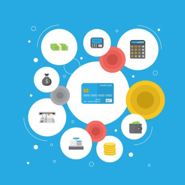 Düz simgeler vezne makinesi, cüzdan, Atm ve diğer vektör öğeleri. Düz simgeleri simgeleri bankacılık da değişiklik, finans, yığın nesneleri içerir.