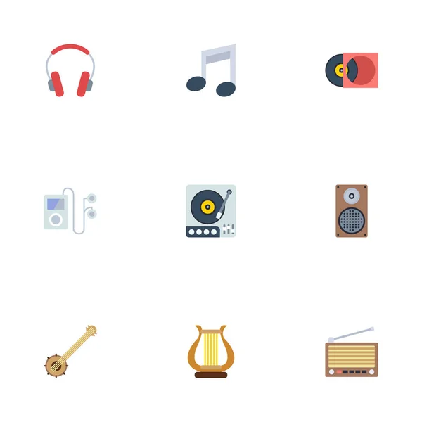 Symbol tón ploché ikony, Audio Box, Retro disk a další prvky vektoru. Sada melodie ploché ikony symbolů také zahrnuje přehrávač, Vinyl, zvukové objekty. — Stockový vektor
