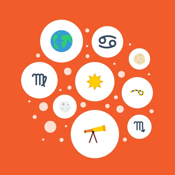 Flat Icons Horoscope, Virgin, Solar And Other Vector Elements. Set Of Galaxy Flat Icons Symbols Also Includes Sun, Satellite, Crab Objects. — Stock Vector