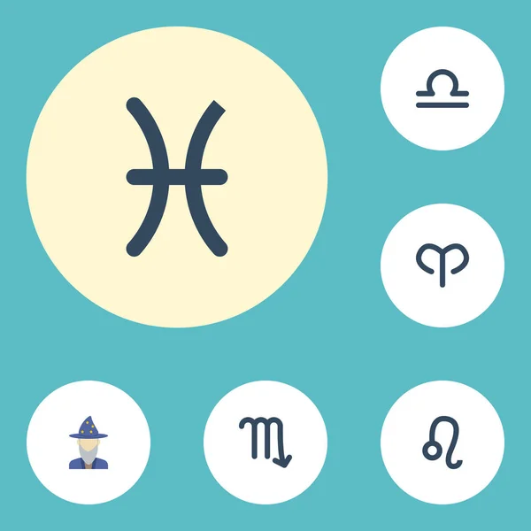 Lapos ikonok Kos, mérleg, Augur és egyéb vektor. A galaxis lapos ikonok szimbólumok is tartalmaz halak, asztrológus, Leo objektumok. — Stock Vector