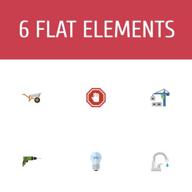 Düz simgeler ampul, musluk, Yükaldırma makine ve diğer vektör öğeleri. Sanayi düz simgeler simge kümesi de bulutsuz, Vinç, işareti nesneleri içerir.