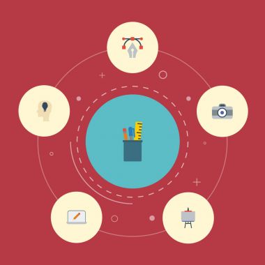 Düz simgeler fikir, yazma, durum ve diğer vektör öğeleri. Ayrıca kalem, araçlar, kamera nesneleri içeren küme yapıcı düz simgeleri simgeleri.