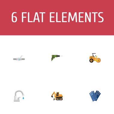 Düz simgeler elektrikli tornavida, traktör, musluk ve diğer vektör öğeleri. İnşaat düz simgeler simge kümesi de içerir tornavida, traktör, Ekskavatör nesneleri.