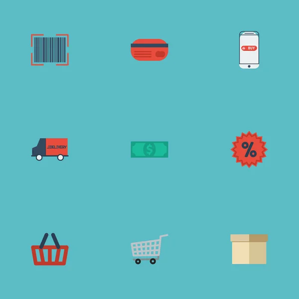 Flache Symbole Kauf, Tasche, Zahlung und andere Vektorelemente. Set von flachen Symbolen für Magazine umfasst auch Einkäufe, Verpackungen, Trolleyobjekte. — Stockvektor