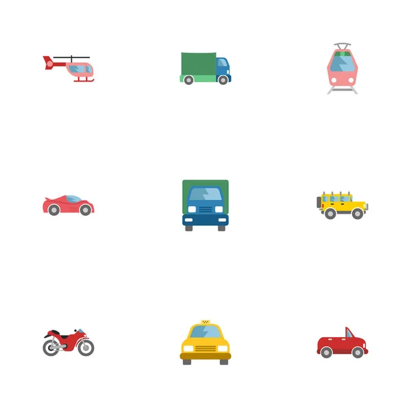 Lapos ikonok Cab, motorkerékpár, villamos és egyéb vektoros elemek. Automatikus lapos ikonok szimbólumok is tartalmaz utas, motoros, helikopter objektumok. — Stock Vector