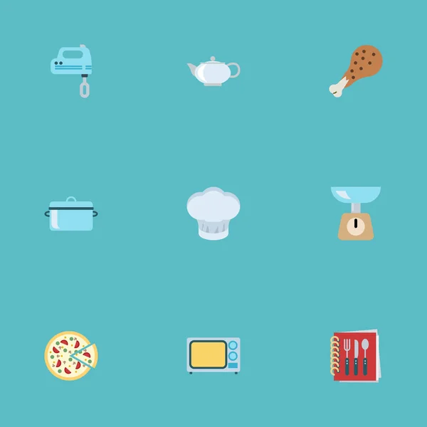 Lapos ikonok sült baromfi, teáskanna, Pepperoni, vektor elemeivel. Élelmiszer lapos ikonok szimbólumok is tartalmaz Mixer, Habverő, turmixgép a tárgyak. — Stock Vector