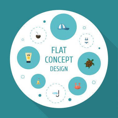 Düz simgeler kaplumbağa, Aqualung, kanser ve diğer vektör öğeleri. Düz simgeleri simgeleri de güneş koruyucu, kule, şapka nesneleri içerir Sezon dizi.