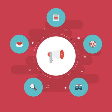 Düz simgeler Pazar, Bina, seyirci ve diğer vektör öğeleri. Düz simgeleri simgeleri reklam da içerir promosyon, medya, megafon nesneleri.