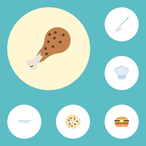 Pepperoni ploché ikony, kuchař klobouk, misky a další prvky vektoru. Sada gastronomie ploché ikony symbolů zahrnuje také pizzerie, naběračku, deska objektů. — Stockový vektor