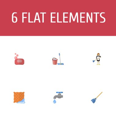 Düz simgeler paspas, köpük, ev hanımı ve diğer öğeleri vektör. Düz simgeleri simgeleri temizlik seti de bez, kova, sabun nesneleri içerir.