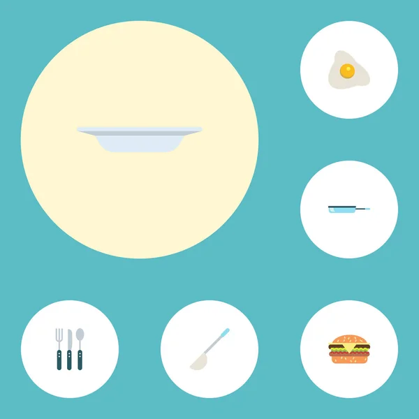 Icônes plates cuillère à soupe, poêle, plat et autres éléments vectoriels. Ensemble de symboles d'icônes plates de cuisson comprend également la soupe, la vaisselle, les objets frits . — Image vectorielle