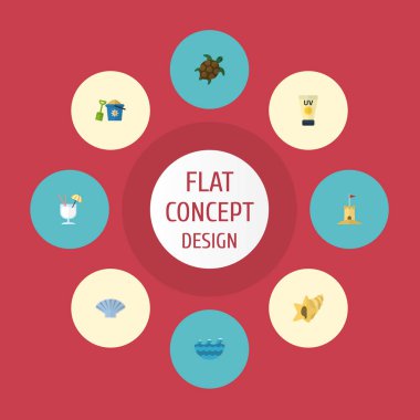 Düz simgeler kabuklu, kaplumbağa, deniz ve diğer vektör öğeleri. Yaz düz simgeler simge kümesi de içki, güneş, ağrı nesneleri içerir..