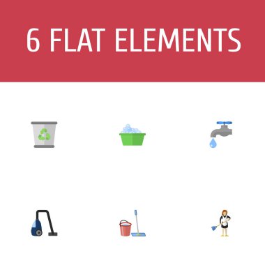 Düz simgeler Çamaşırhane, paspas, musluk ve diğer vektör öğeleri. Düz simgeleri simgeleri temizlik seti de paspas, temizleyici, dokunun nesneleri içerir.