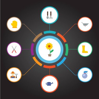 Düz simgeler Can, sulama araçları, üretici ve diğer öğeleri vektör. Tarım düz simgeler simge kümesi de Atomizer, araçlar, eldiven nesneleri içerir.