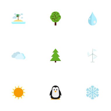 Düz simgeler su, elektrik Mill, gökyüzü ve diğer vektör öğeleri. Ayrıca İmparator, Penguen, Rüzgar nesneleri içeren küme yeşil düz simgeleri simgeleri.