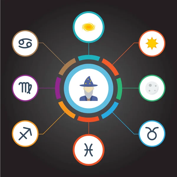 Flat Icons Space, Fishes, Lunar And Other Vector Elements. Set Of Astrology Flat Icons Symbols Also Includes Sun, Deva, Cancer Objects. — Stock Vector