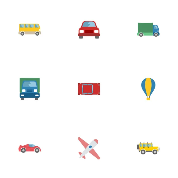 Lapos ikonok Jeep, autó, repülőgép és más vektorgrafikus elemek. A jármű lapos ikonok szimbólumok is tartalmaz Jeep, Sky, Sport objektumok. — Stock Vector