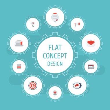 Düz simgeler ileti, dizüstü bilgisayar, megafon ve diğer vektör öğeleri. Düz simgeleri simgeleri reklam da içerir megafon, istemci, dart tahtası nesneleri.