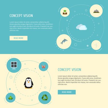 Düz simgeler Fideler, koruma, manzara vektör öğeleri. Doğa düz simgeler simge kümesi de güneş içerir, geri dönüşüm, Fotoselli nesneleri.