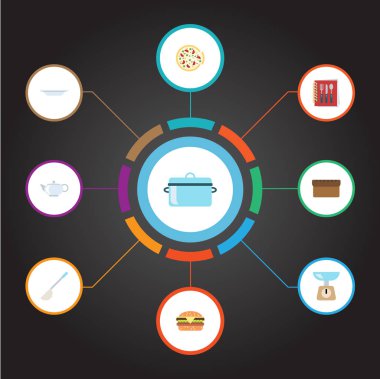 Düz simgeler somun, çorba kaşığı, mutfak ölçüm ve diğer vektör öğeleri. Gastronomi düz simgeler simge kümesi de hamburger, ölçüm, tencere nesneleri içerir.