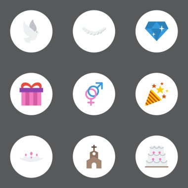 Düz simgeler mevcut, Pastane, aksesuarları ve diğer vektör öğeleri. Ayrıca takı, Pastane, Gelin nesneleri içeren küme nişan düz simgeleri simgeleri.