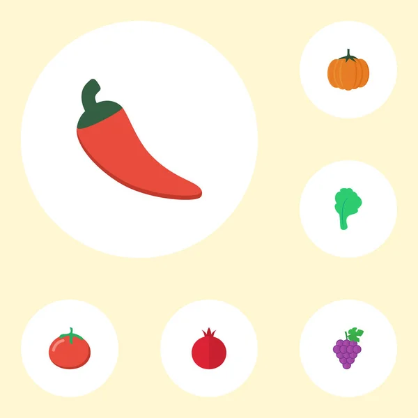 Плоский іконки Apple любов, гострий перець, салату та інших елементів векторного. Набір плоских іконки символи також включає Apple, виноград, гранат об'єктів. — стоковий вектор