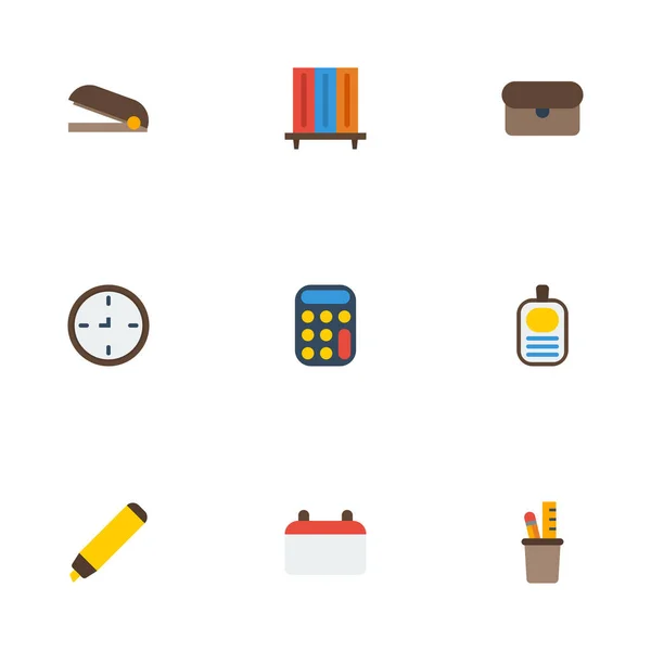 Lapos ikonok óra, dátum, azonosító és egyéb vektor. Office lapos ikonok szimbólumok is tartalmaz azonosítása, könyvesbolt, könyvespolc tárgyak. — Stock Vector