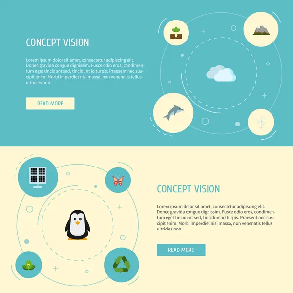 Düz simgeler Fideler, koruma, manzara vektör öğeleri. Doğa düz simgeler simge kümesi de güneş içerir, geri dönüşüm, Fotoselli nesneleri.