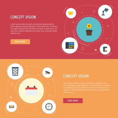 Düz simgeler çöp sepeti, masası ışık, harf ve diğer vektör öğeleri. Çalışma alanı düz simgeler simge kümesi de içerir kahve, çay, çöp nesneler.