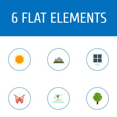 Düz simgeler güzellik böcek, peyzaj, ahşap vektör öğeleri. Yeşil düz simge simgeler kümesi de güneş, Fotoselli, ada nesneleri içerir.