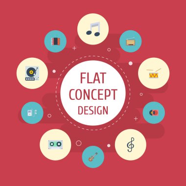 Düz simgeler Retro disk, akustik, teyp ve diğer vektör öğeleri. Müzik düz simgeleri simgeleri kümesini de içeren gitar, Retro, radyo nesneleri.