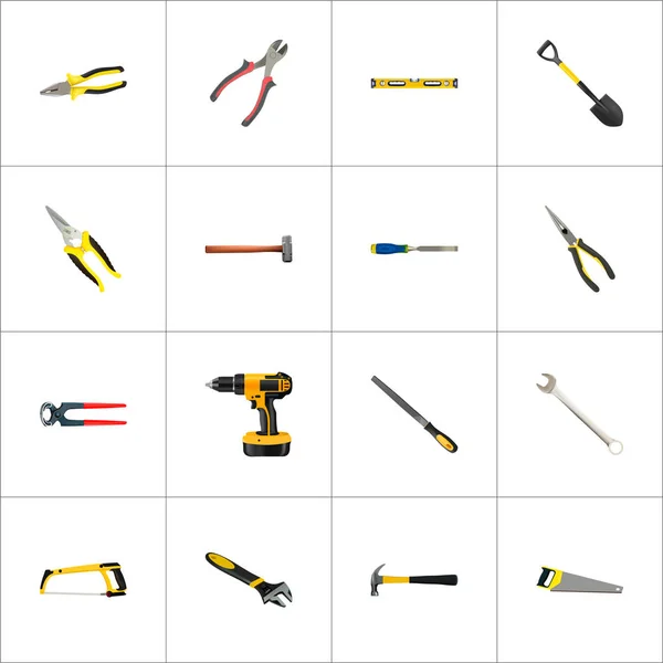 Realistic Plumb Ruler, Chisel, Nippers And Other Vector Elements. Set Of Instruments Realistic Symbols Also Includes Key, Nippers, Sledgehammer Objects. — Stock Vector
