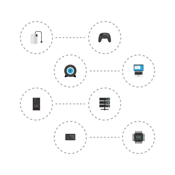 Monitor de ícones planos, Datacenter, Web Cam e outros elementos vetoriais. Conjunto de símbolos de ícones planos de laptop também inclui controlador, sistema, objetos de câmera . —  Vetores de Stock