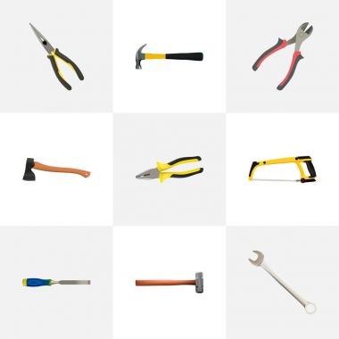 Gerçekçi pense, İngiliz anahtarı, pençe ve diğer vektör öğeleri. Araçlar gerçekçi simgeler kümesi de Key, çekiç, maşa nesnelerini içerir.