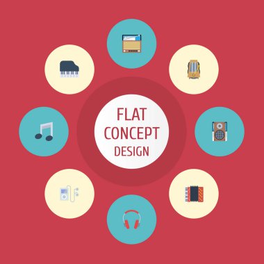 Düz simgeler radyo, Mp3 çalar, ritim hareket ve diğer vektör öğeleri. Melodi düz simgeler simge kümesi de içerir kutusu, ses, Not nesneleri.