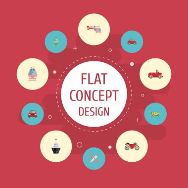 Düz simgeler gemi, uçak, Metro ve diğer vektör öğeleri. Otomatik düz simgeler simge kümesi de elektrik, motosiklet, Cabriolet nesneleri içerir.