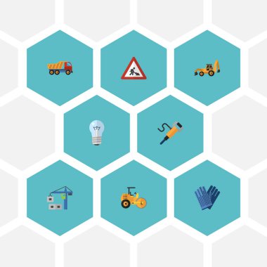 Düz simgeler Ekskavatör, ampul, pnömatik ve diğer vektör öğeleri. Ayrıca dikkat, yol, ampul nesneleri içeren küme sanayi düz simgeleri simgeleri.