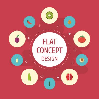 Düz simgeler salata, aşk elması, acı biber ve diğer vektör öğeleri. Meyve düz simgeler simge kümesi de içerir salatası, biber, Apple nesneleri.