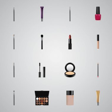Gerçekçi kapatıcı, fırça, gün Creme ve diğer vektör öğeleri. Yağlıboya gerçekçi simgeler kümesi de merhem, ruj, tırnak nesneleri içerir.