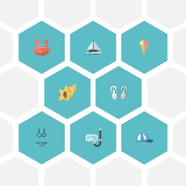 Düz simgeler Sailboard, kanser, Aqualung ve diğer vektör öğeleri. Beach düz simgeler simge kümesi de Flop, Beach, gemi nesneleri içerir.