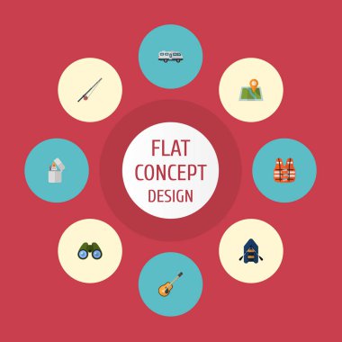 Düz simgeler müzik, balıkçılık, cankurtaran ve diğer vektör öğeleri. Kamp düz simgeler simge kümesi de gemi, harita, Rod nesneleri içerir.