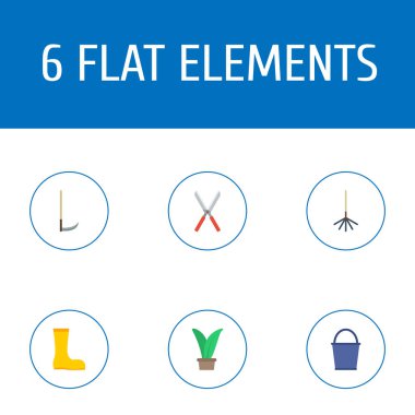 Düz simgeler makas, kesici, bitki ve diğer vektör öğeleri. Bahçe düz simgeler simge kümesi de Harrow, aracı, kova nesneleri içerir.