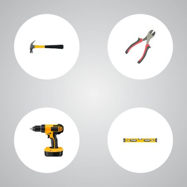 Gerçekçi pençe, forseps, elektrikli tornavida ve diğer vektör öğeleri. Aletleri gerçekçi simgeler kümesi de içerir enstrüman, cetvel, inşaat nesneleri.